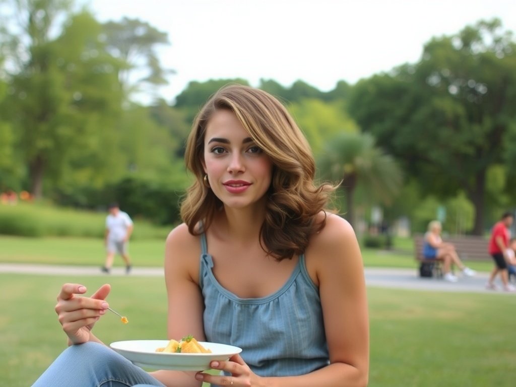 A young woman with side-swept loose curls enjoying a meal outdoors