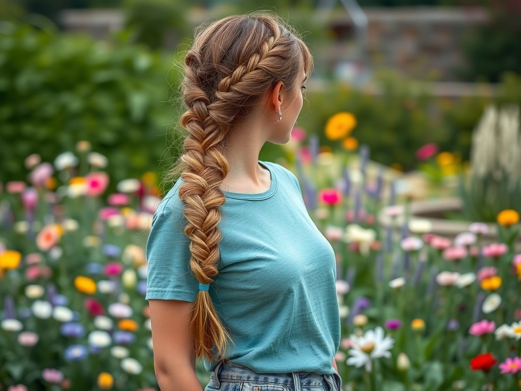 A woman with a stylish low braid standing in a garden full of flowers.