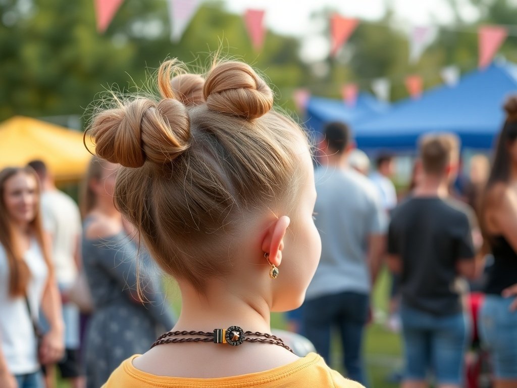A girl with playful space buns hairstyle, viewed from the back, in a casual outdoor setting.