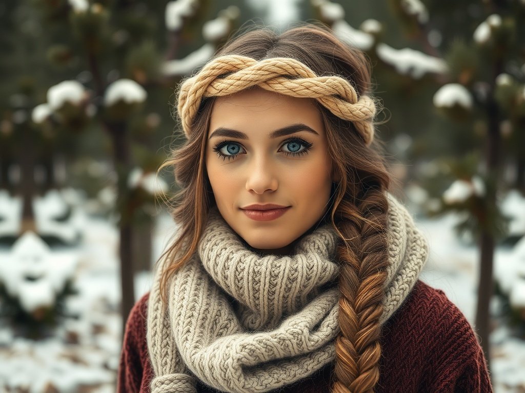 A woman with a braided crown hairstyle, wearing a cozy scarf and sweater in a snowy forest.