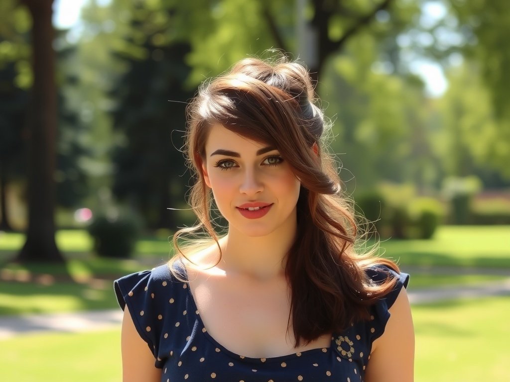 A woman with a half-up half-down twist hairstyle, smiling in a park setting.
