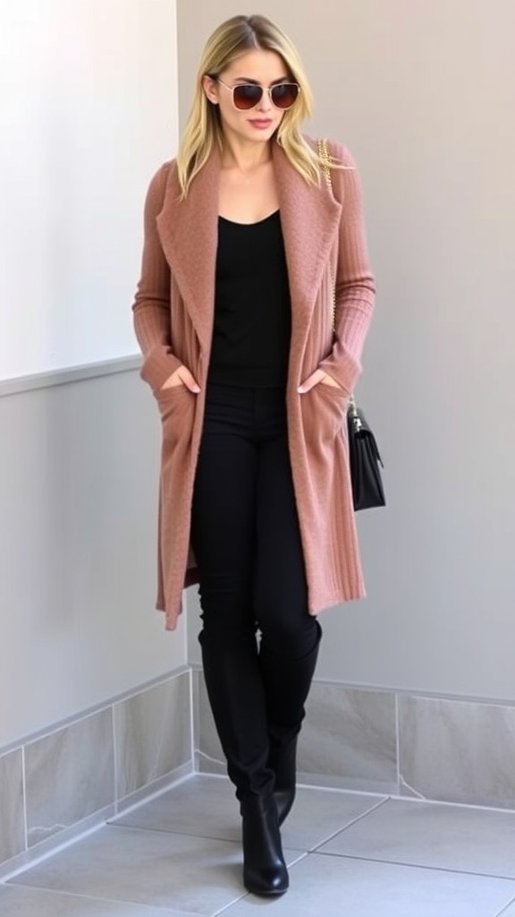 A luxurious long cardigan paired with fitted pants, showcasing a stylish winter outfit.