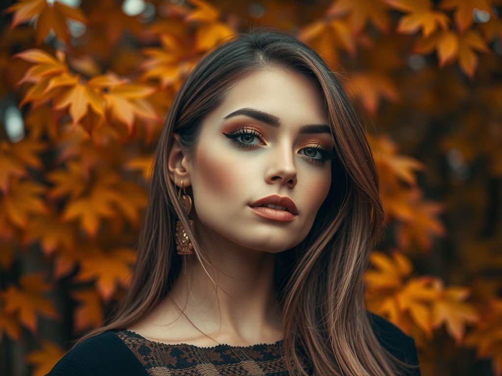 A woman with warm smoky eye makeup and autumn leaves in the background.