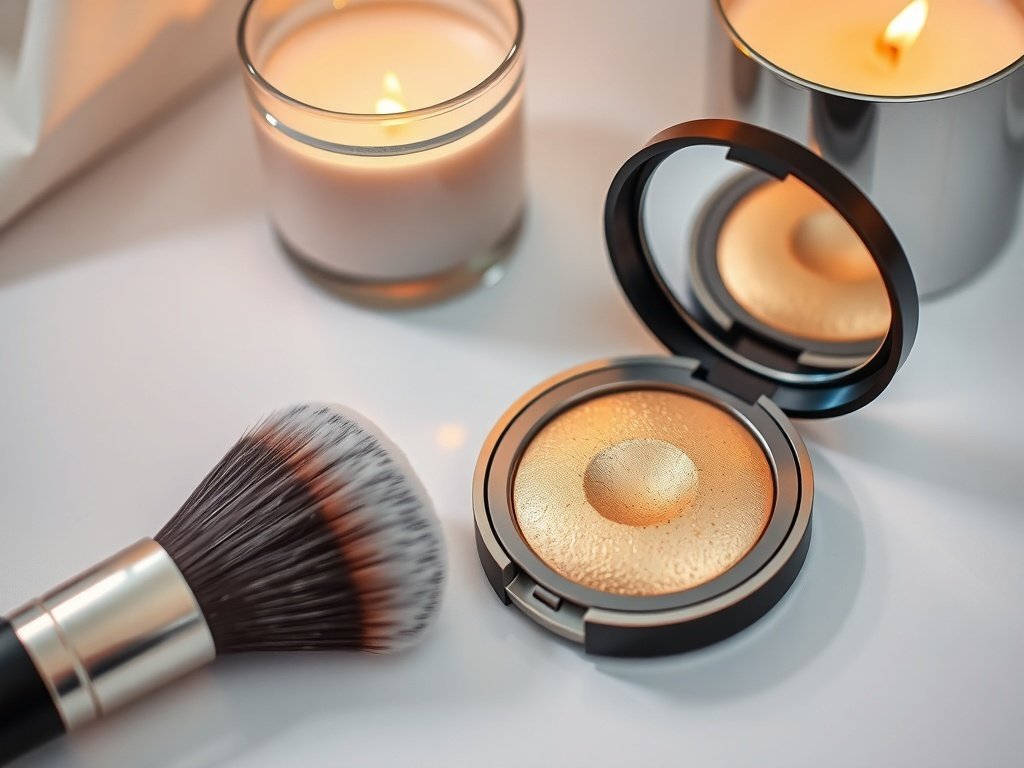 Golden highlighter in a compact next to a lit candle.