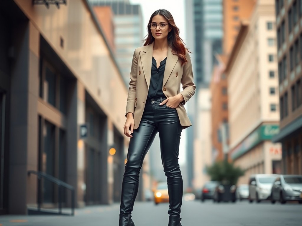 A model wearing leather pants and a blazer, styled with trendy boots, standing on a city street.