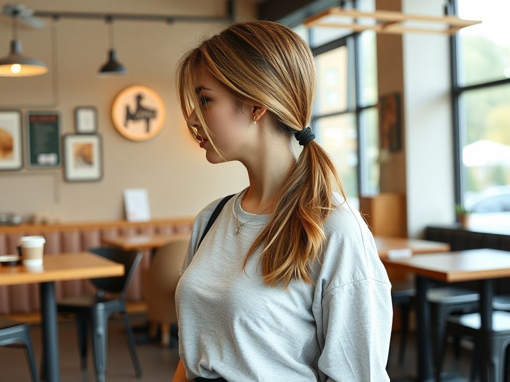 A young woman with a sleek low ponytail, wearing a gray shirt in a cozy cafe setting.