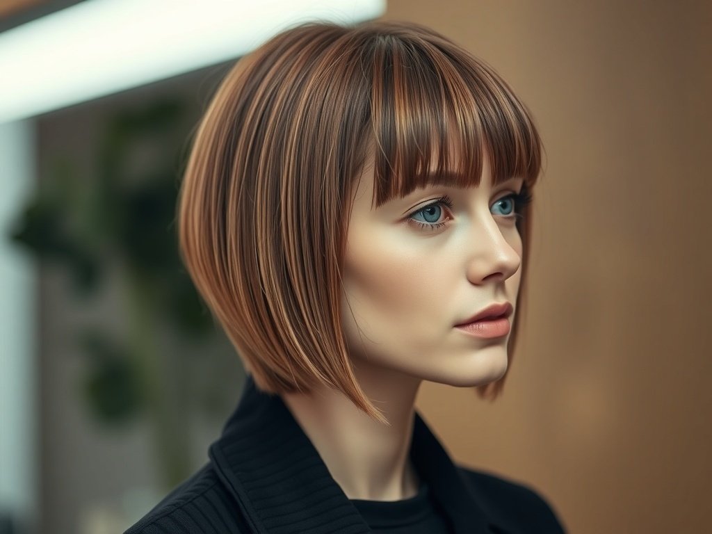 A woman with a shoulder-length blunt cut hairstyle, featuring straight hair with bangs.