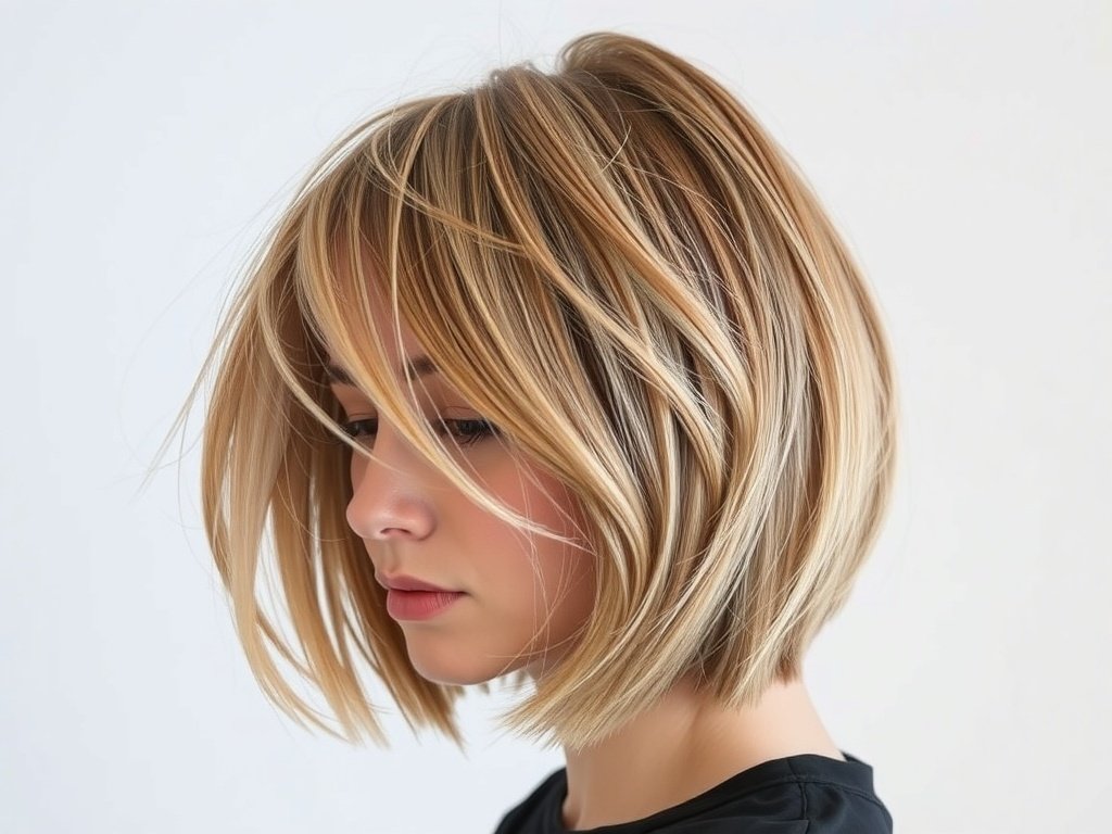 A woman with a layered bob hairstyle, showcasing volume and texture.
