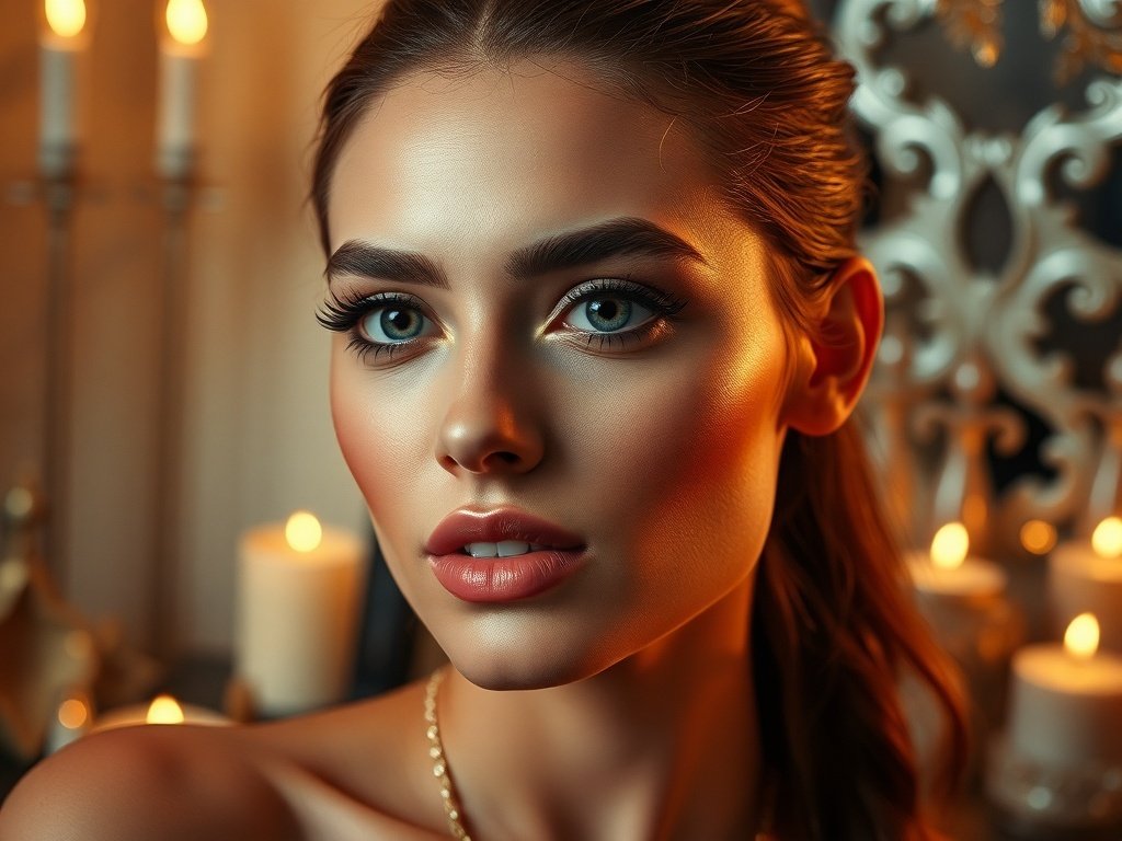 A close-up of a woman with warm makeup and soft lighting, surrounded by candles.