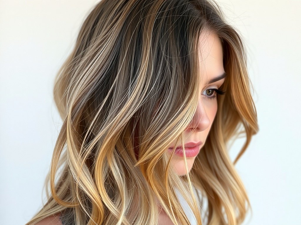 A woman with soft waves and a deep side part, showcasing a hairstyle suitable for thin hair.