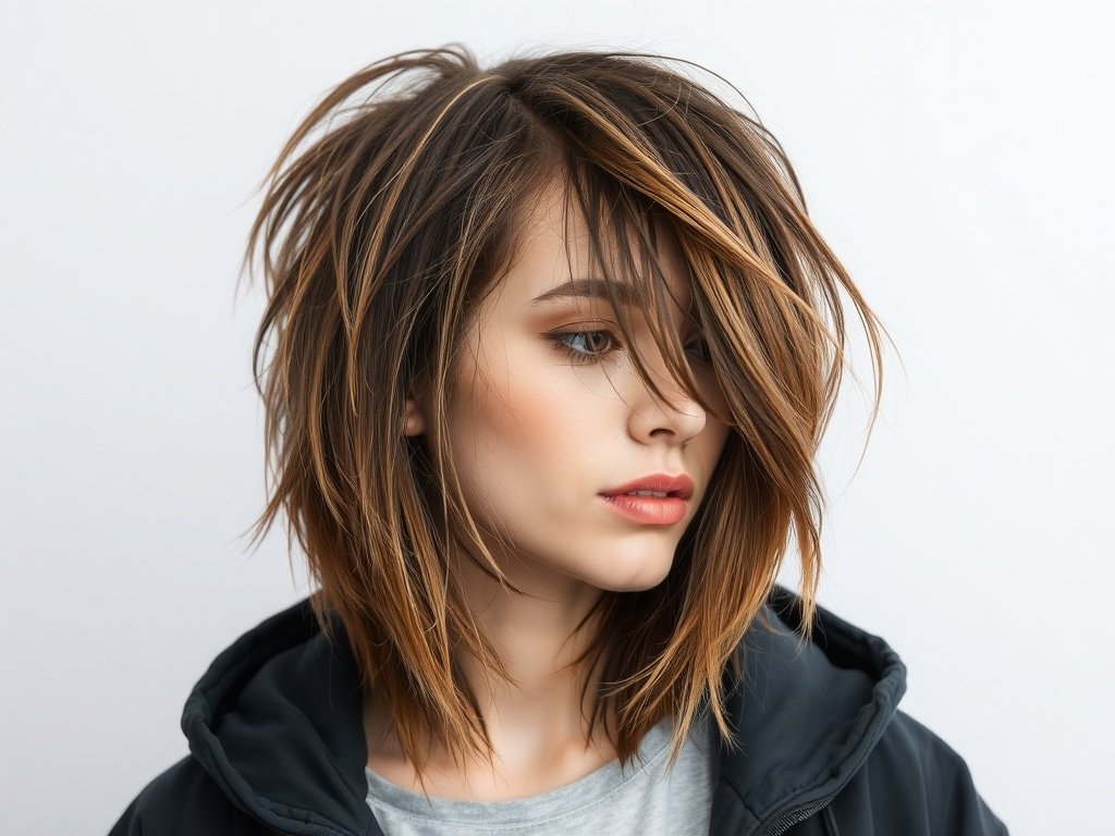 A woman with a shaggy haircut featuring choppy ends, showcasing volume and texture.