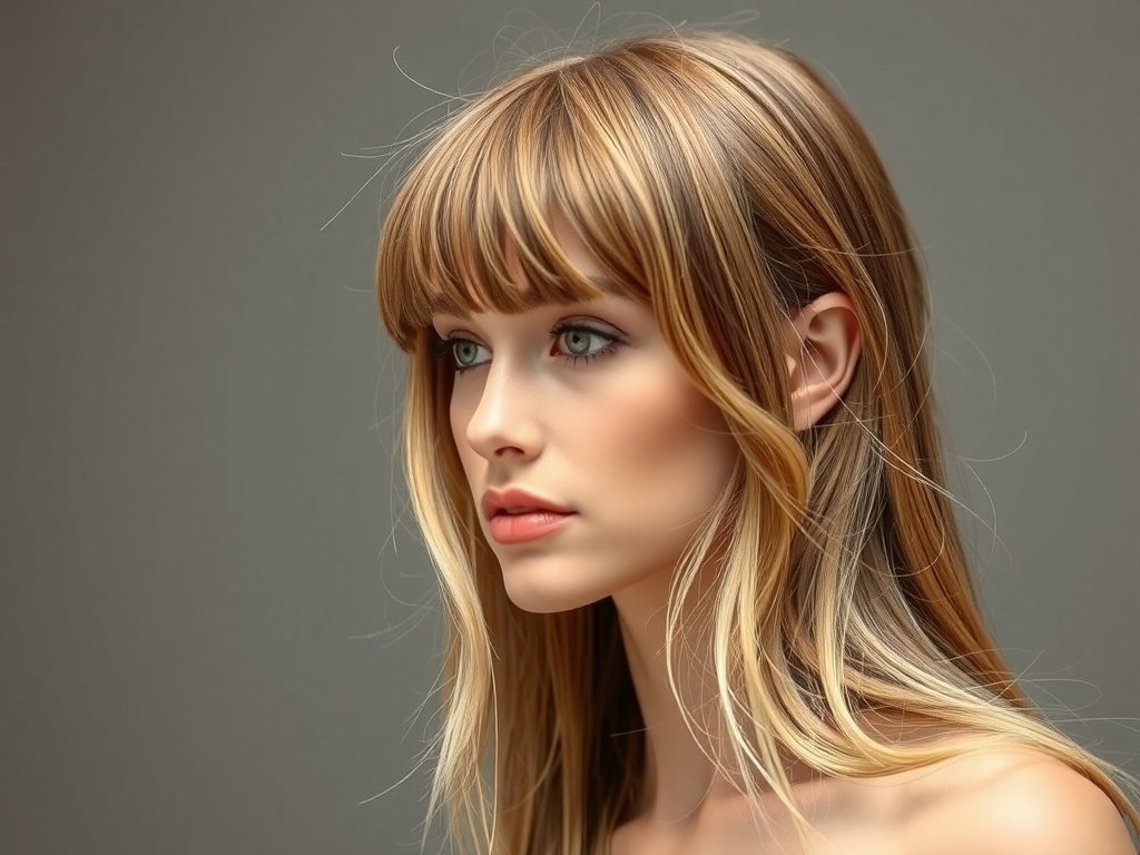 A model with feathered bangs and long layered hair, showcasing a soft and airy hairstyle.