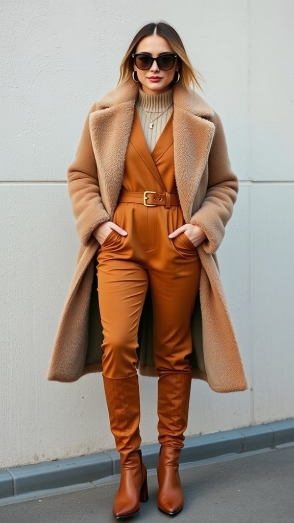 A model wearing a stylish jumpsuit and oversized plaid coat, walking on a city street in winter.