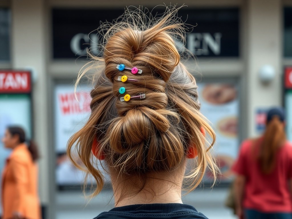 A messy bun hairstyle with colorful accessories, showcasing a casual yet stylish look.