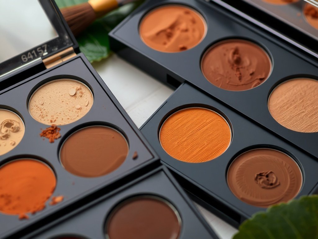 A makeup palette with warm autumn colors and brushes on a table with leaves.