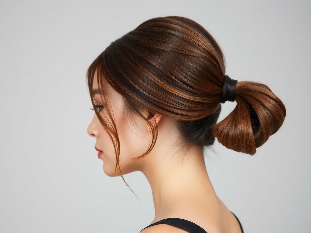 A woman with a sleek low ponytail, showcasing a polished hairstyle suitable for thin hair.