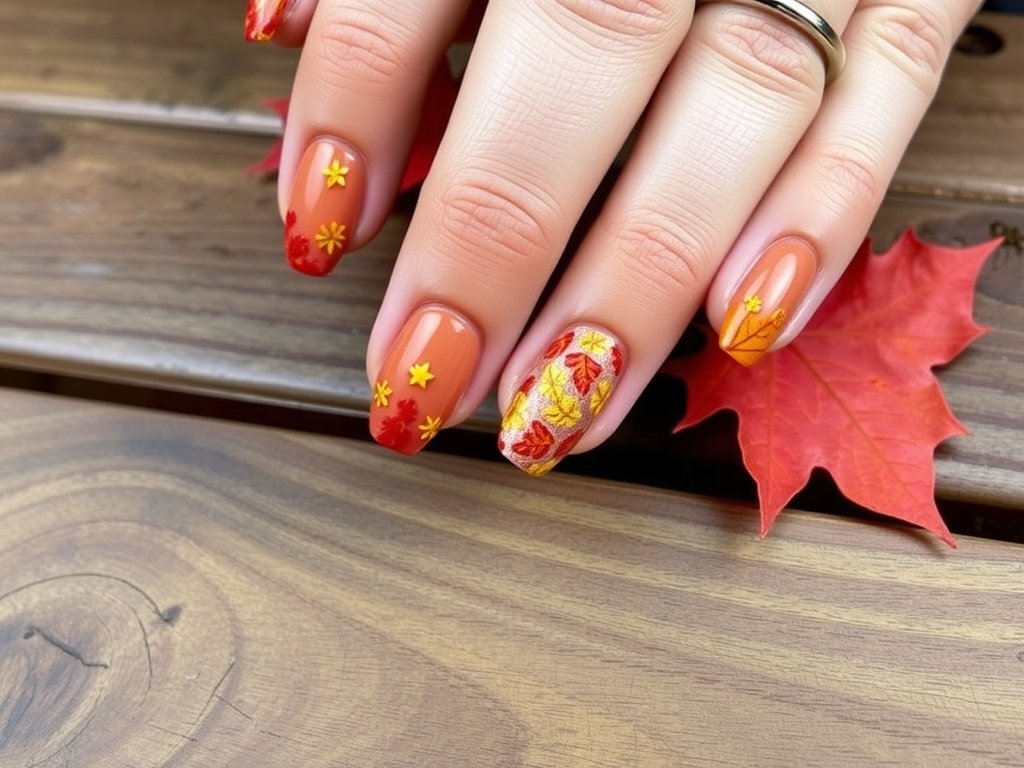 Nail art with autumn leaves on a wooden surface