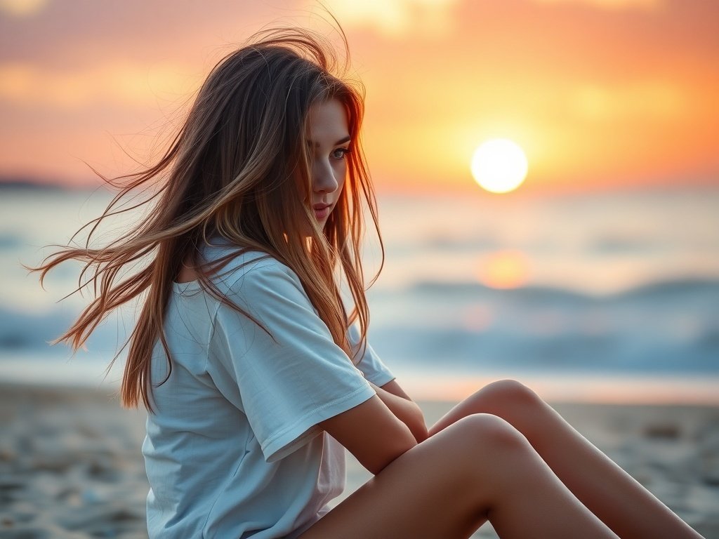 A young woman with beach waves sitting on the sand during sunset