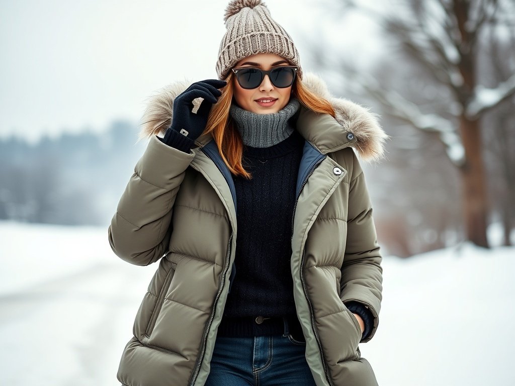 A model wearing an elegant puffer coat with a knit sweater, skinny jeans, and trendy boots, styled with a winter hat in a snowy outdoor setting.