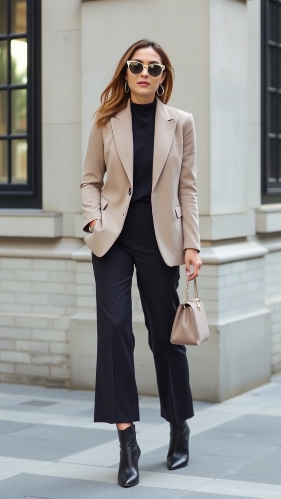 A model wearing a sleek tailored blazer and wide-leg pants, showcasing a sophisticated winter fashion look.