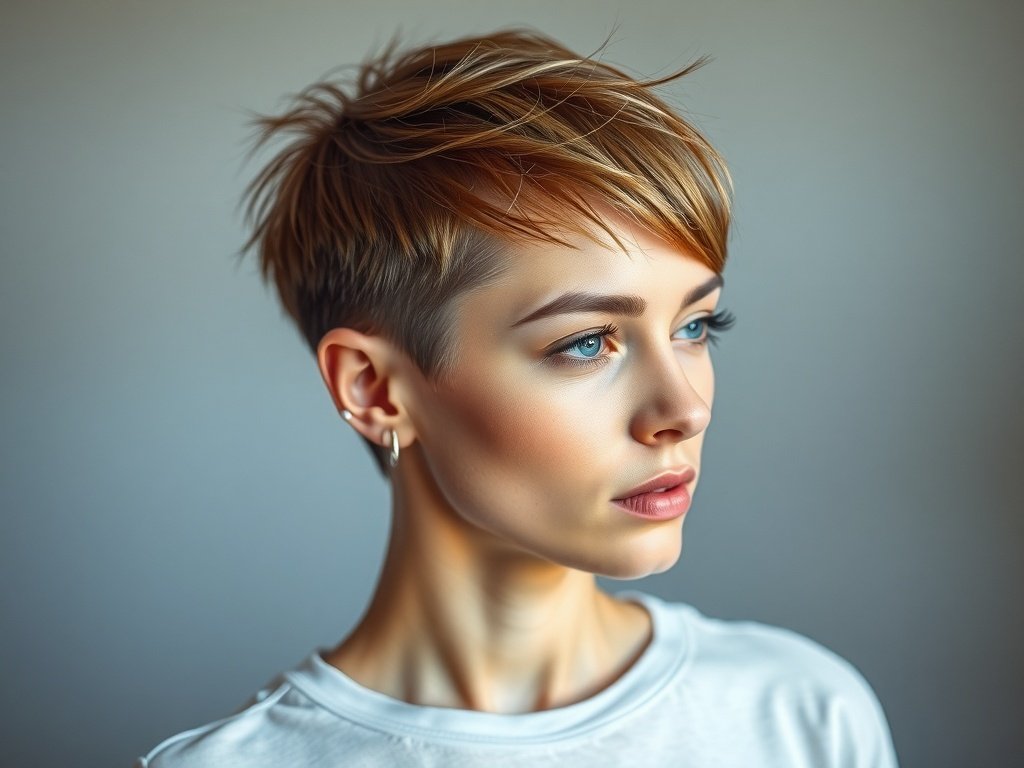 A woman with a textured pixie cut, showcasing a stylish and modern hairstyle for thin hair.