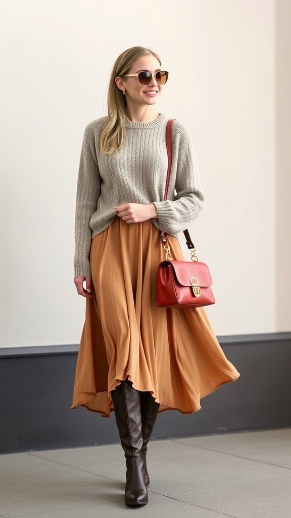 A model wearing a cozy cashmere sweater and a flowing midi skirt, paired with knee-high boots and a stylish handbag.