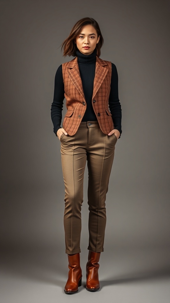 A model showcasing a trendy layered winter outfit featuring a turtleneck and a plaid vest.