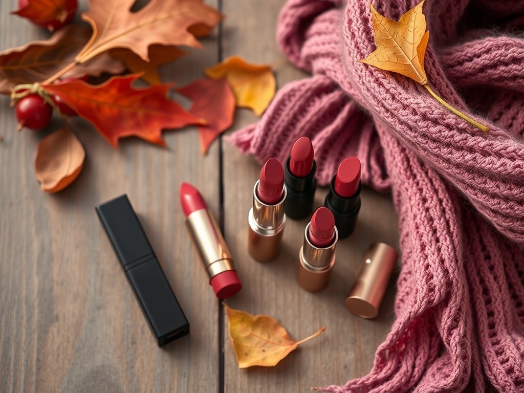 A collection of berry lipsticks arranged on a wooden surface with a cozy pink scarf and autumn leaves.