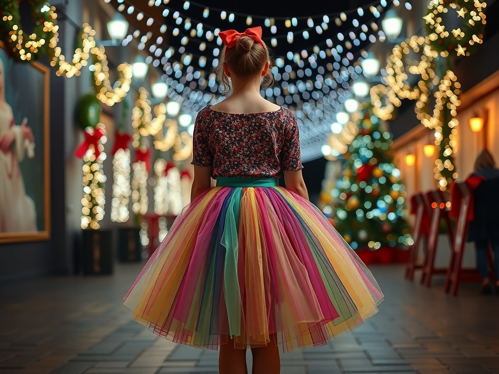A young girl in a colorful tulle skirt stands in a festive setting with holiday lights and decorations.