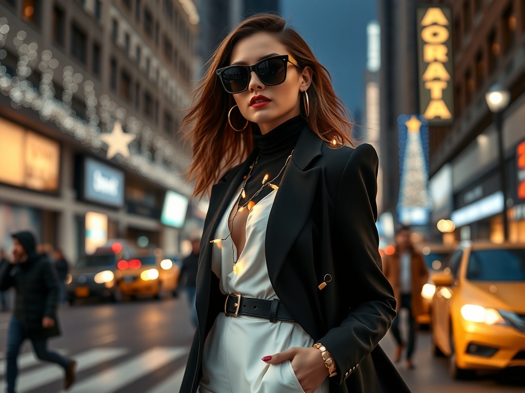 Supermodel in black and white outfit with sunglasses in New York street decorated for Christmas.