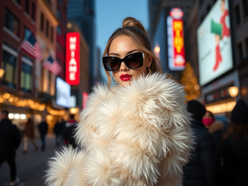 A stylish model in a faux fur coat and sunglasses on the streets of New York during Christmas.