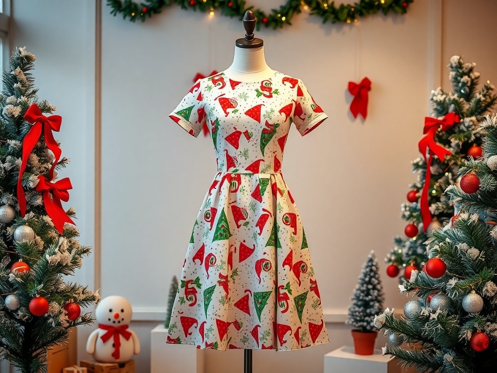 A festive A-line dress with Christmas prints displayed on a mannequin, surrounded by holiday decorations.