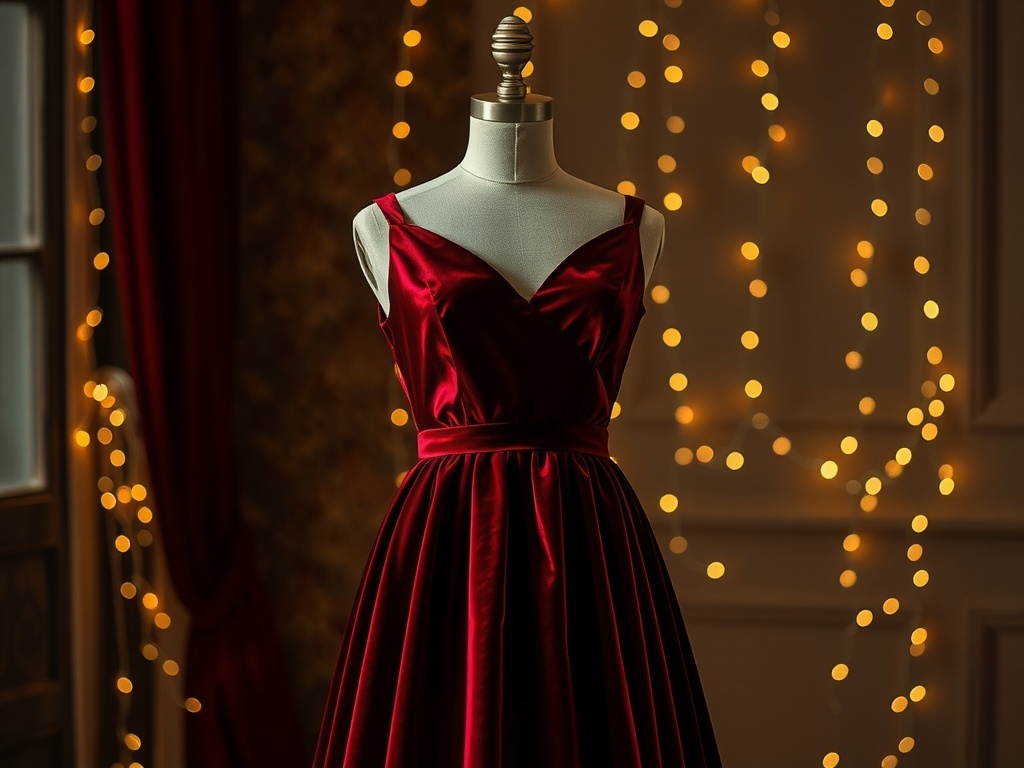 A red velvet gown displayed on a mannequin with soft lighting in the background.