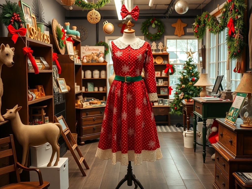 A vintage-inspired red dress with white polka dots and a lace collar displayed in a festive setting.