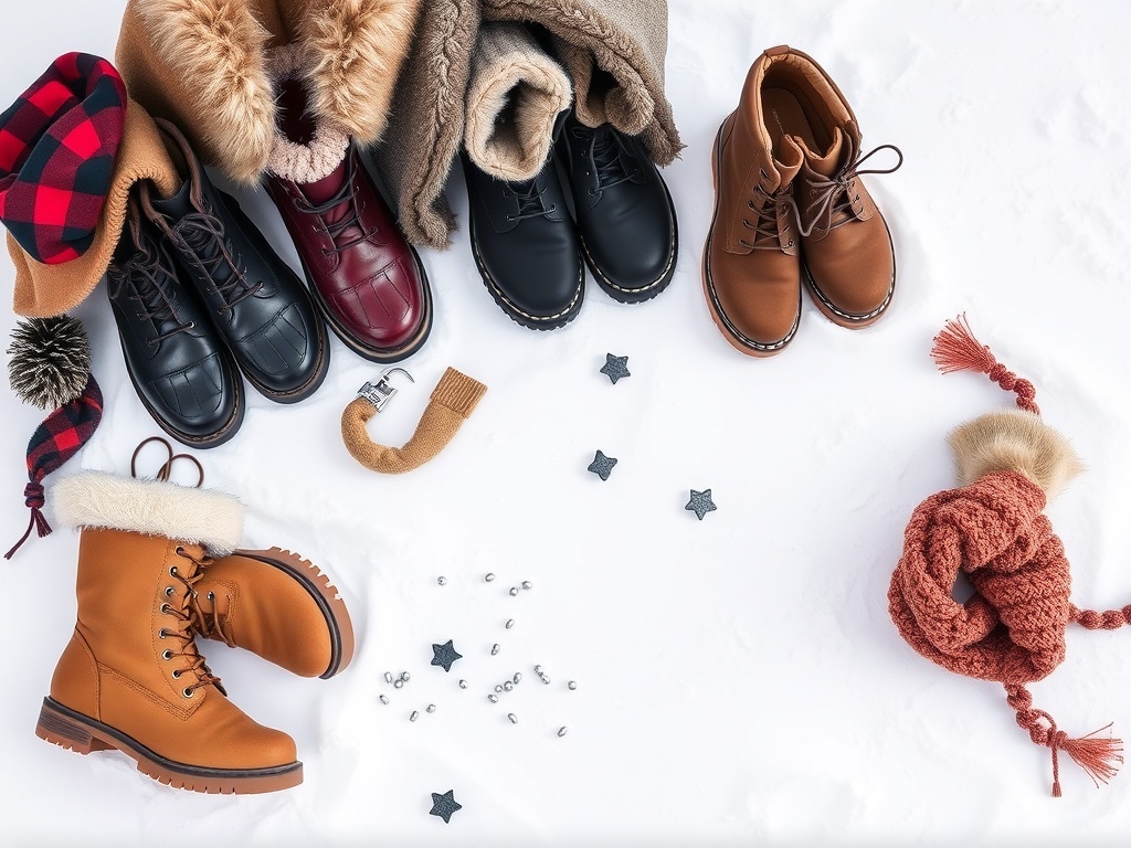 A collection of stylish winter boots in various colors, along with a cozy scarf and hat, arranged on a snowy background.