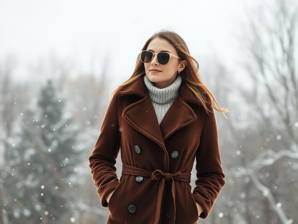 A woman in a brown coat with a cozy collar standing in the snow.
