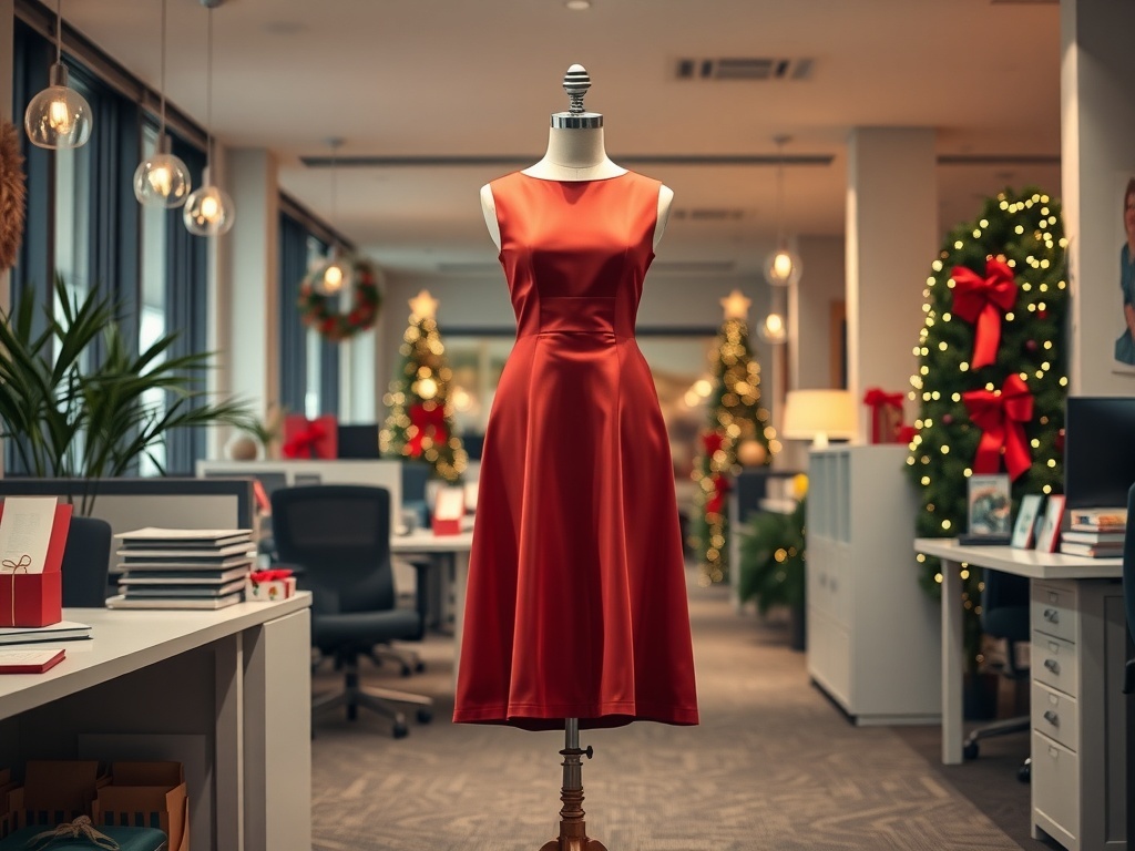A red midi dress displayed in a decorated office setting for Christmas