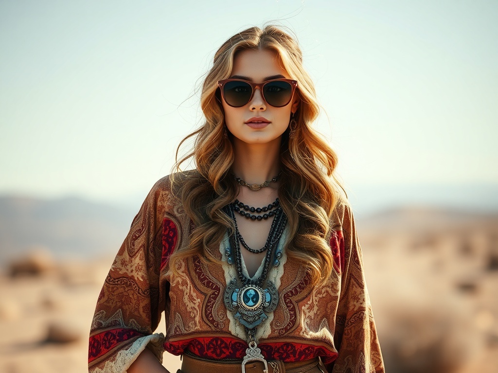 A model wearing a bohemian western fusion outfit with stylish accessories.