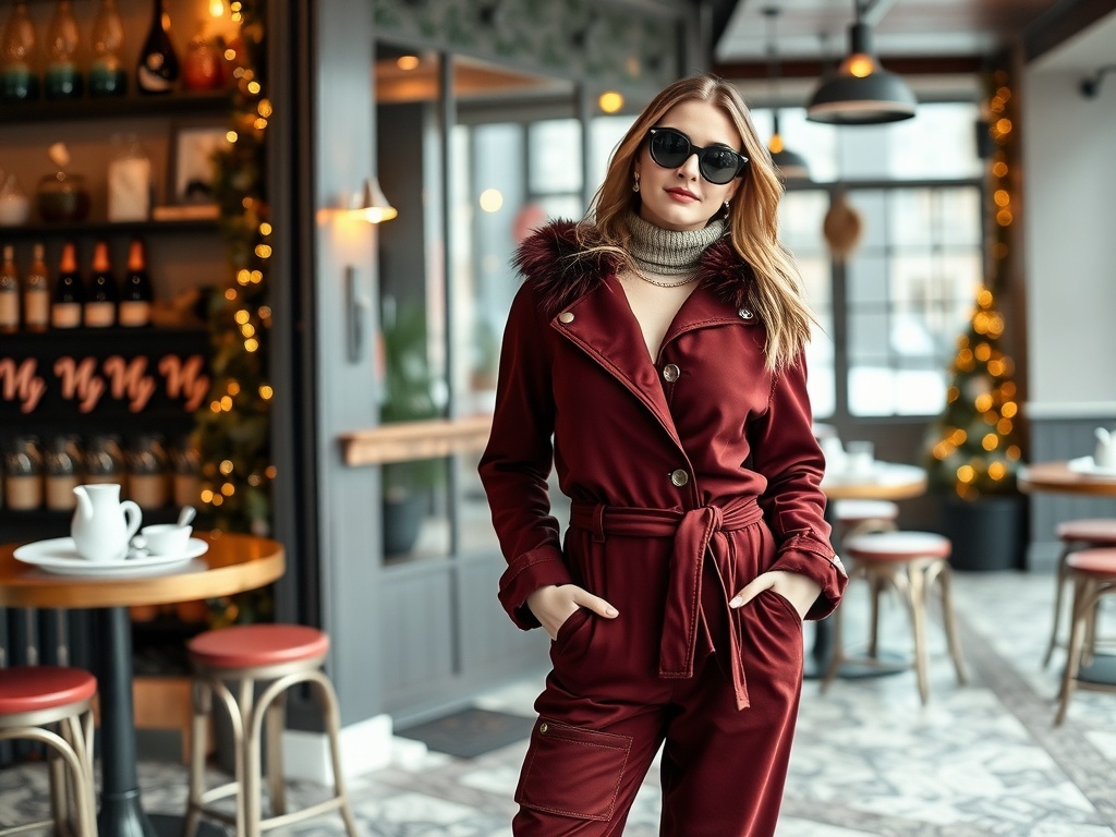 A woman wearing a stylish brown jumpsuit with a collar, standing in a cozy café setting decorated for winter.