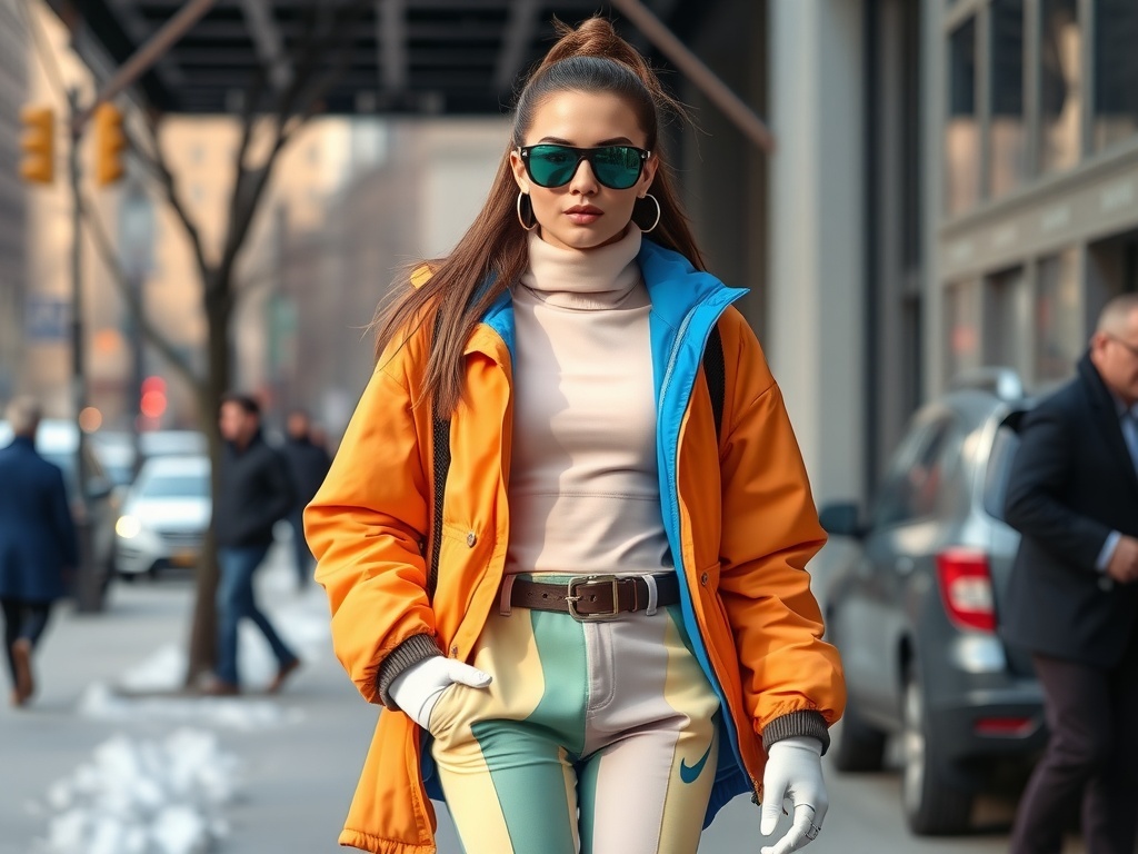 A supermodel wearing a bright yellow jacket and sunglasses walking in New York City.