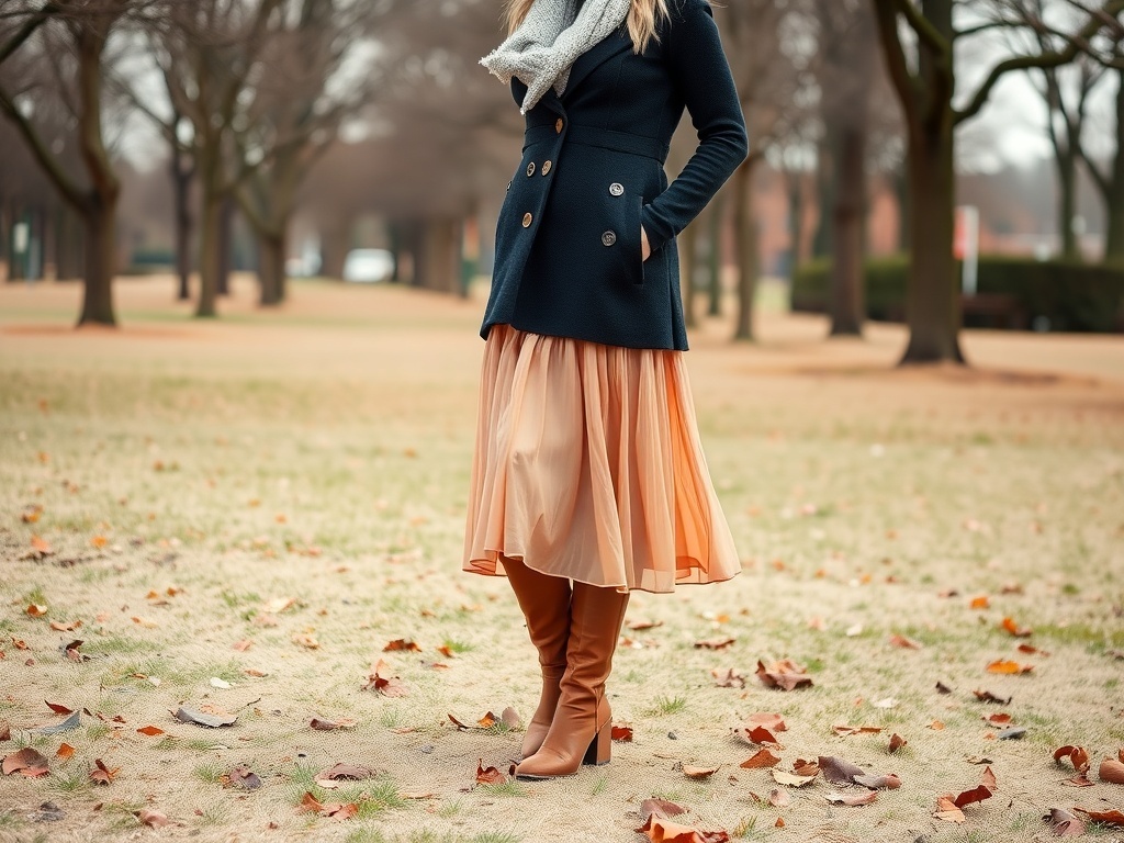 A woman wearing a navy coat, a flowing midi skirt, and knee-high boots in a park setting during winter.