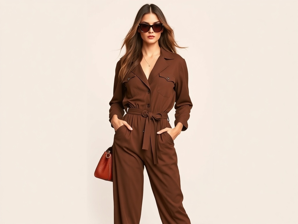 A model wearing a stylish Western jumpsuit with a cowboy hat, sunglasses, and matching footwear.