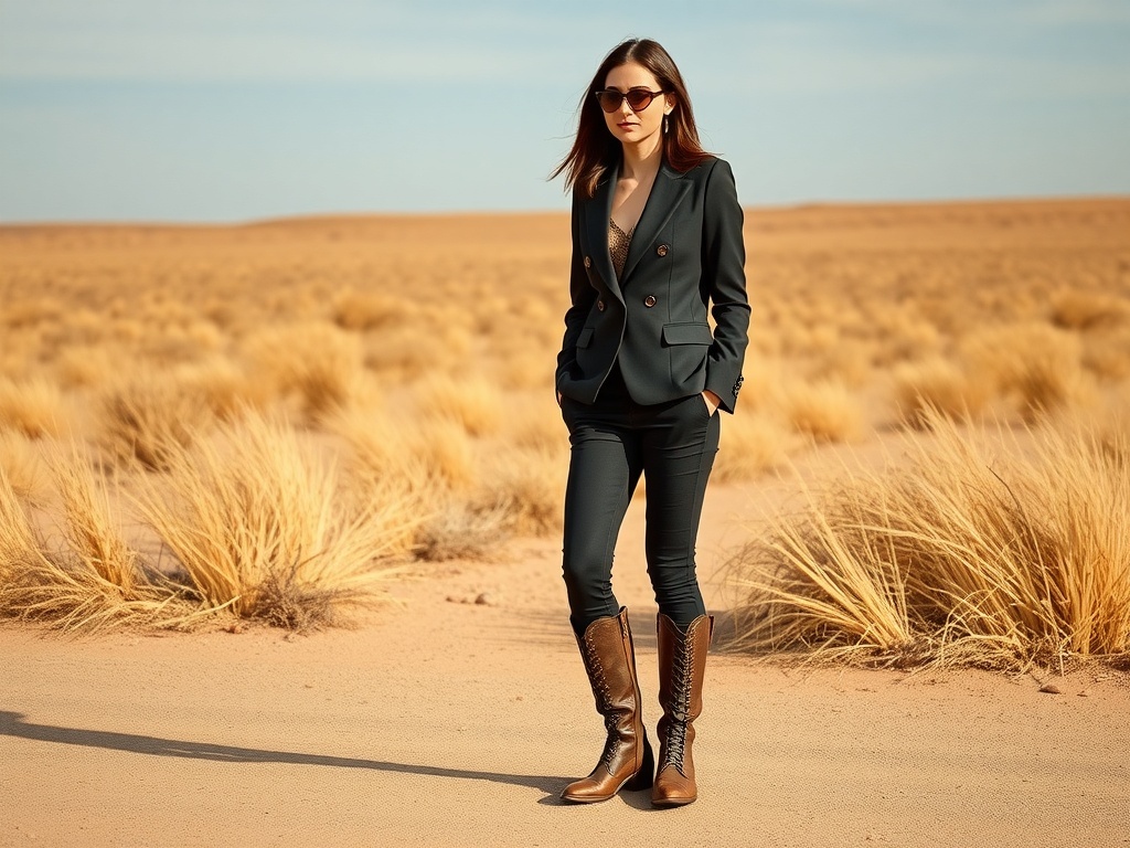 A model in a western-inspired outfit with a blazer, trousers, and boots, set against a desert backdrop.