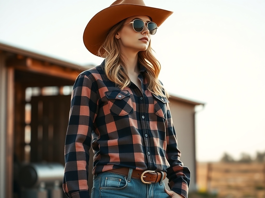 A model in a plaid shirt, wide-brimmed hat, and sunglasses, embodying classic cowboy chic style.