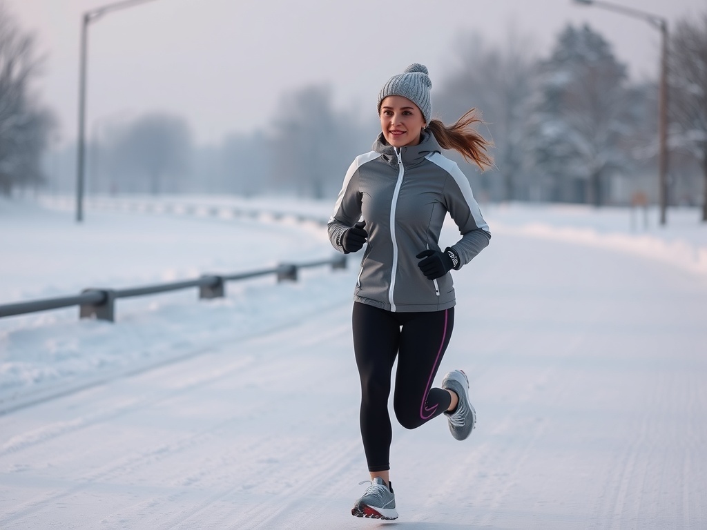 Woman jogging in a snowy landscape wearing a gray jacket, black leggings, gloves, and a beanie.