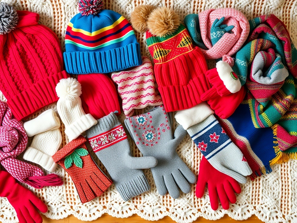 A collection of colorful winter accessories including hats, gloves, and scarves arranged on a knitted blanket.