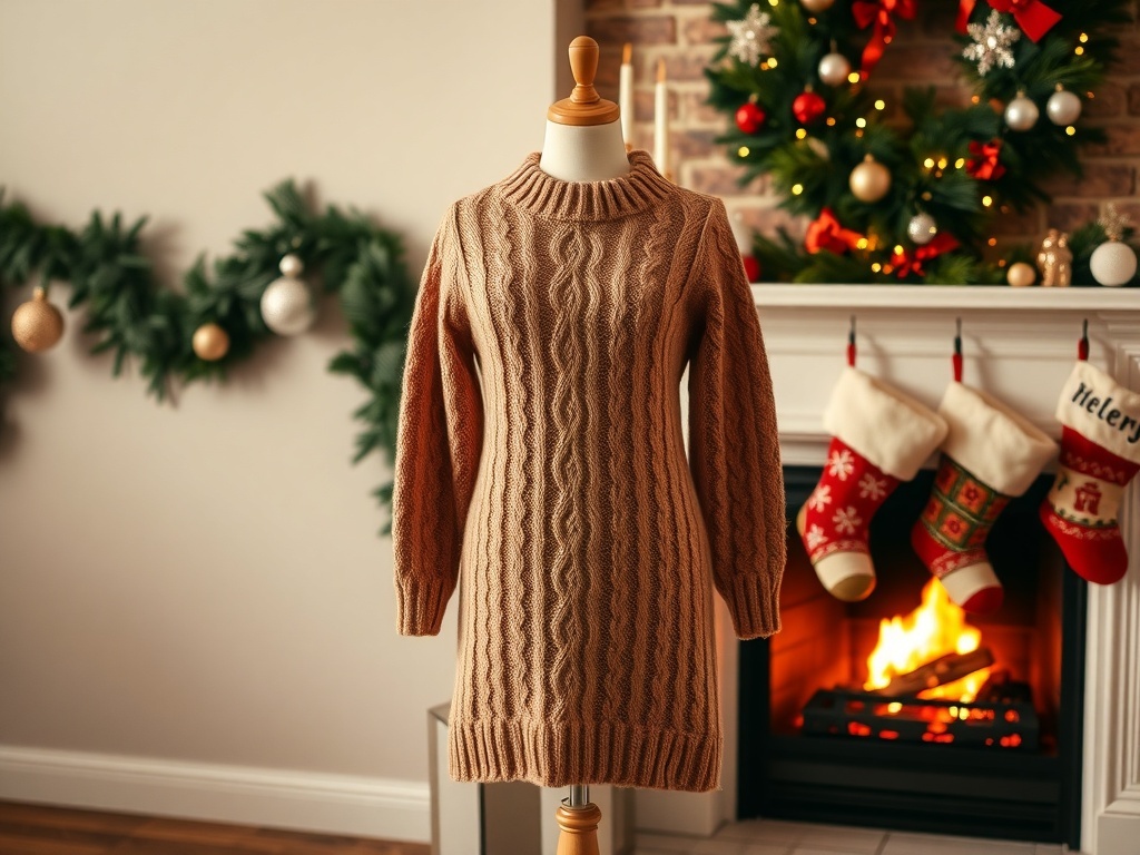 A cozy chair draped with a knitted blanket in front of a fireplace decorated for Christmas.