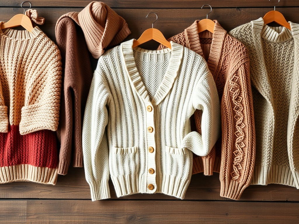 A collection of cozy knitwear including cardigans and sweaters in warm colors, displayed on wooden hangers.