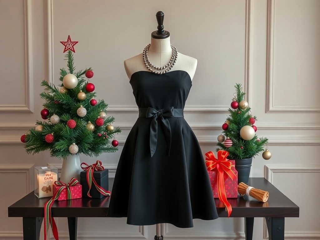 A classic little black dress displayed on a mannequin, surrounded by Christmas decorations and gifts.