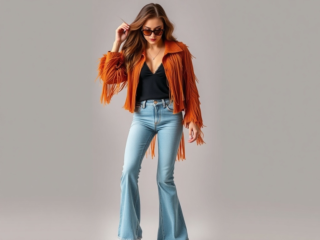 Model wearing a fringed jacket and flared jeans